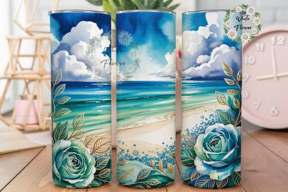 Beach Ocean Teal Rose Gold Glitter Skinn Graphics for Tumbler Wraps