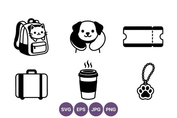 Black and White Pet Travel Icon Set for Graphics & Illustrations