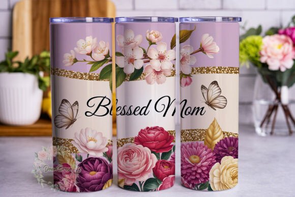 Blessed Mom Floral Glitter 20oz Wrap Graphics