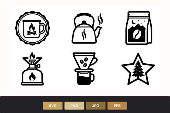Coffee Kettle Camping Stove Icon Set: Graphics for Outdoor Branding