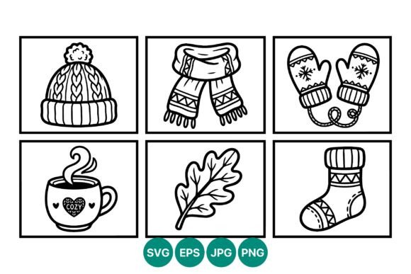 Cozy Winter Hat Scarf Mittens Line Art Graphics and Illustrations