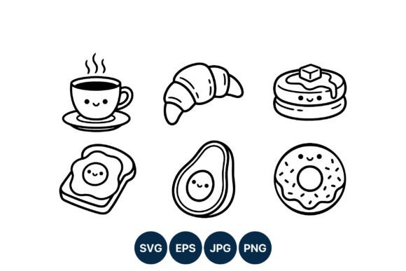 Cute Breakfast Food Icons Black White