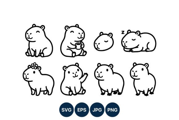 Cute Capybara Black White Vector Graphics
