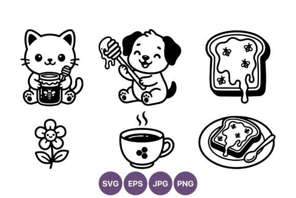 Cute Cat Dog Honey Toast Vector Icons: Graphics & Illustrations