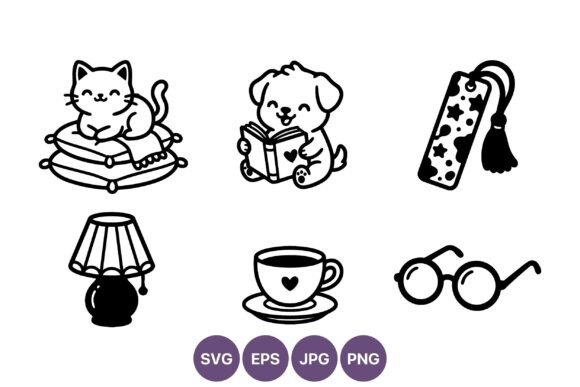 Cute Cat Puppy Reading Home Icons: Illustrations & Graphics