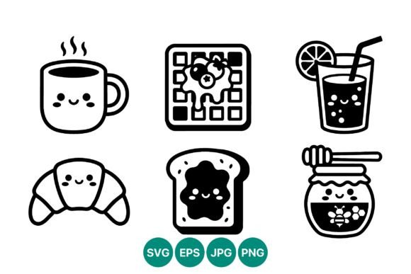 Cute Kawaii Breakfast Vector Icons for Graphics and Illustrations