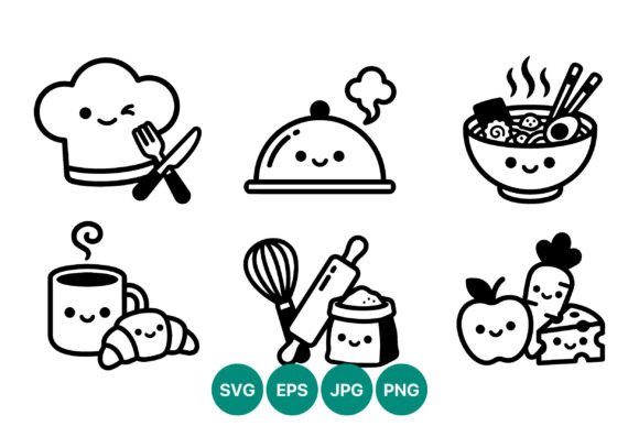 Cute Kitchen Chef Food Icon Set: Whimsical Illustrations for Food Blog Graphics