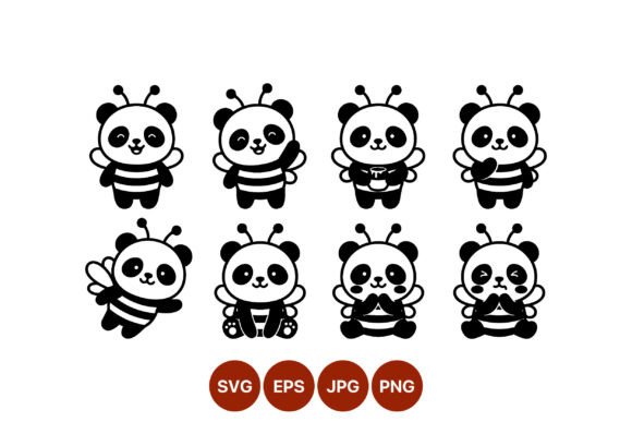 Cute Panda Bee Cartoon Character Set Graphics
