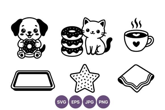 Cute Puppy and Cat Donut Coffee Icon Set: Graphics & Illustrations