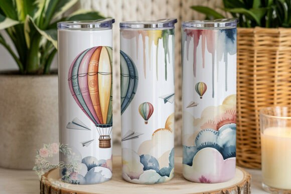 Dreamy Watercolor Hot Air Balloon PNG for Graphics and Tumbler Wraps