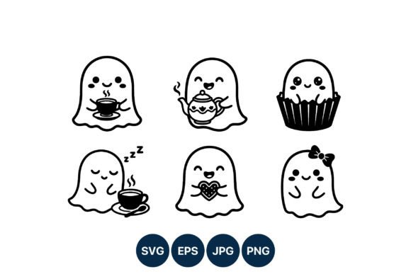 Kawaii Cute Black White Ghosts Vector Graphics
