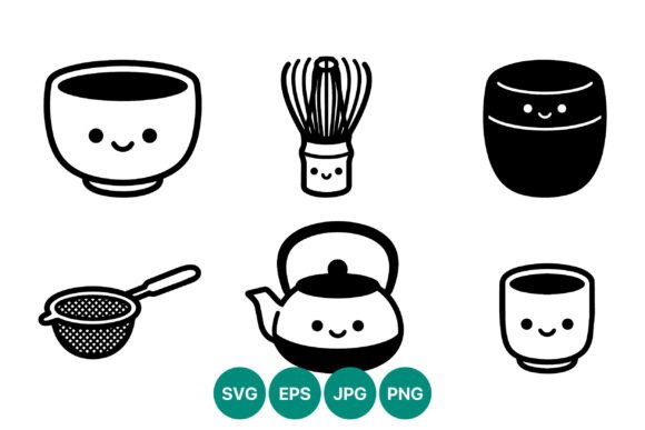 Kawaii Cute Black White Tea Set Vector Graphics & Illustrations Review