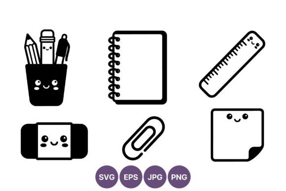 Kawaii Stationery Icons Black White: Graphics & Illustrations for Branding