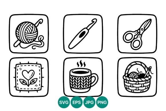 Knitting Tools Black White Line Art: Graphics & Illustrations