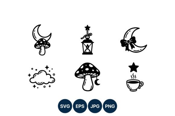 Magic Moon and Mushroom Vector Icons