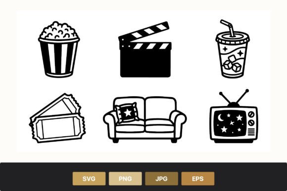 Movie Night Icons Black White Vector