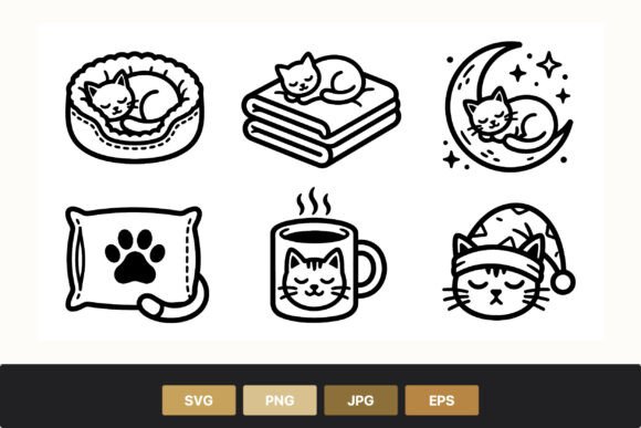 Sleeping Cat Line Art Icons